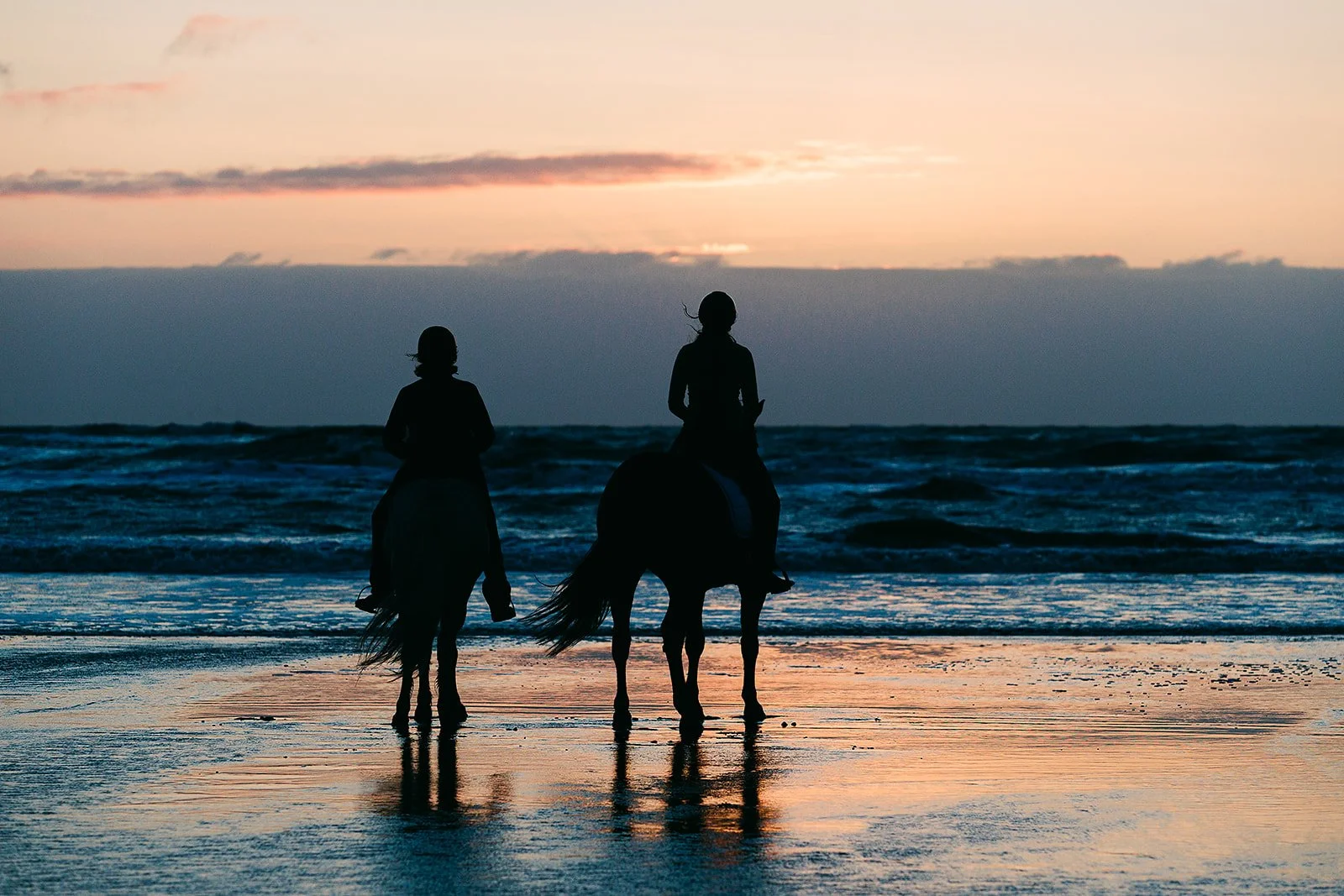 To rytttere med heste i vandkandten ved Vesterhavet ved solnedgang