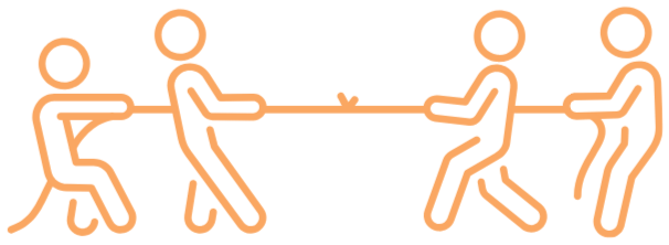 Stick figures holding a rope playing tug of war