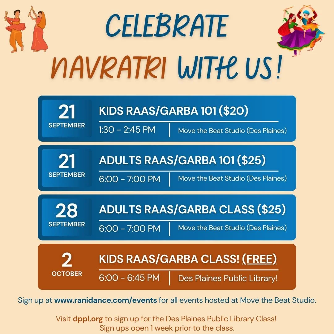 Navratri is next month and we are so ready to celebrate with you! This year, we are excited to offer classes for both kids and adults in Des Plaines 🥳

Limited spots available -&gt; sign up now at www.ranidance.com/events.