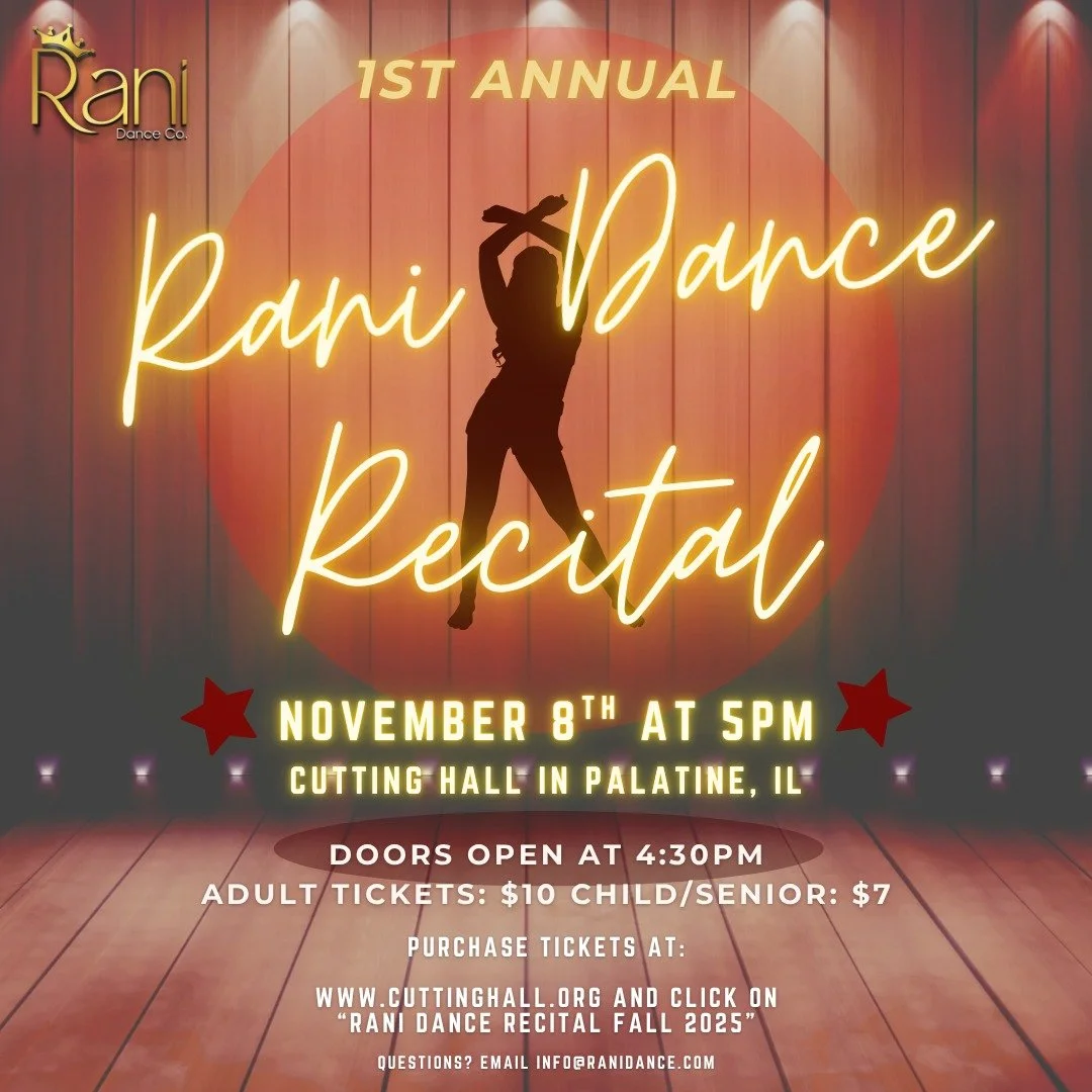 ✨ Get ready for a burst of Bollywood energy! ✨ We are less than 6 weeks away from our first ever Rani Dance Recital!

Join us for a fun 45-minute recital as Rani Dance kids hit the stage 🎶💃 Each group will showcase TWO exciting routines filled with