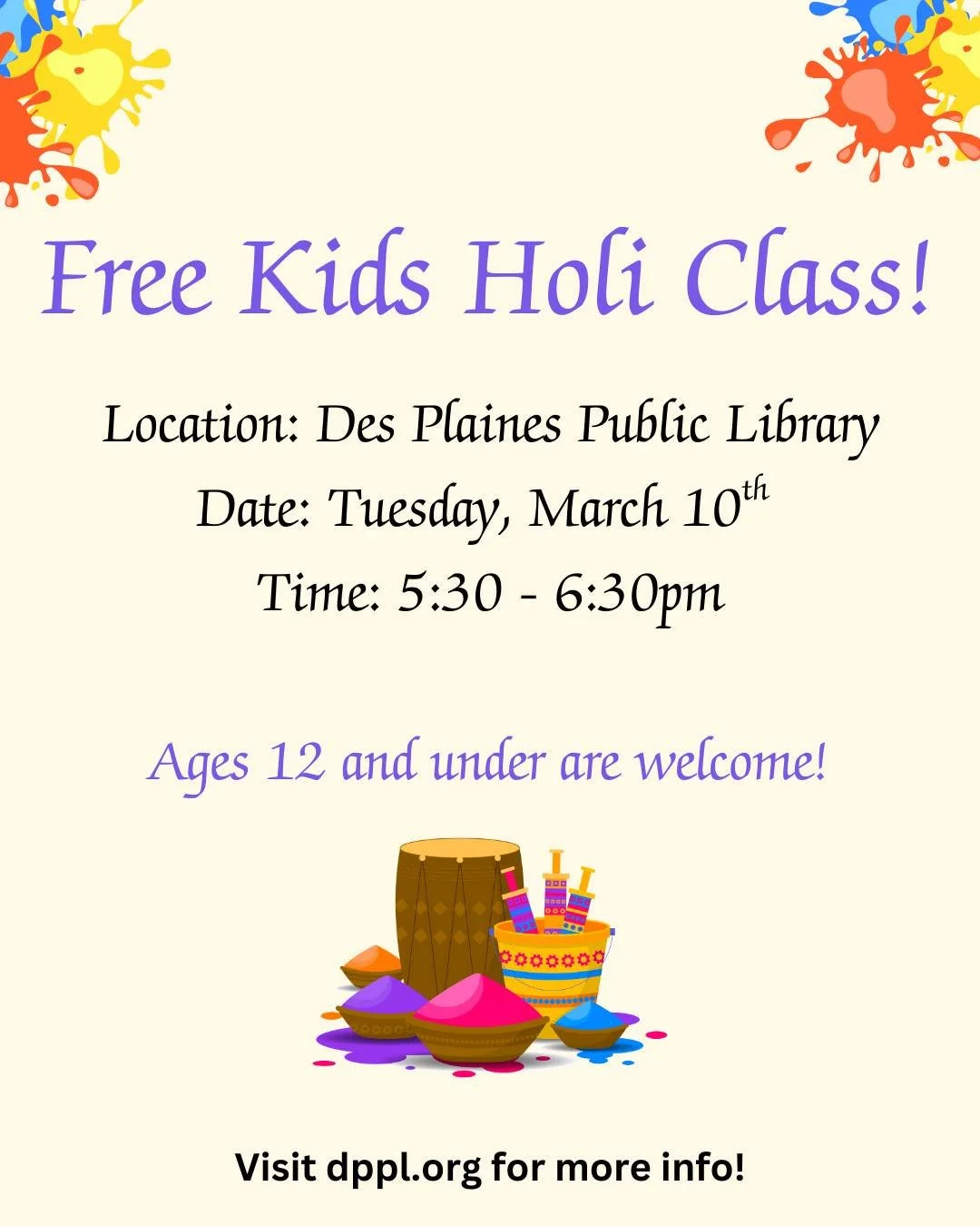 We're excited to announce that we're partnering with the Des Plaines Public Library again to offer a FREE Kids Holi Dance Class! 🌈

Fun learning + upbeat dance moves = the perfect colorful celebration! 🎉💃🏽 

Visit the dppl.org website for more in