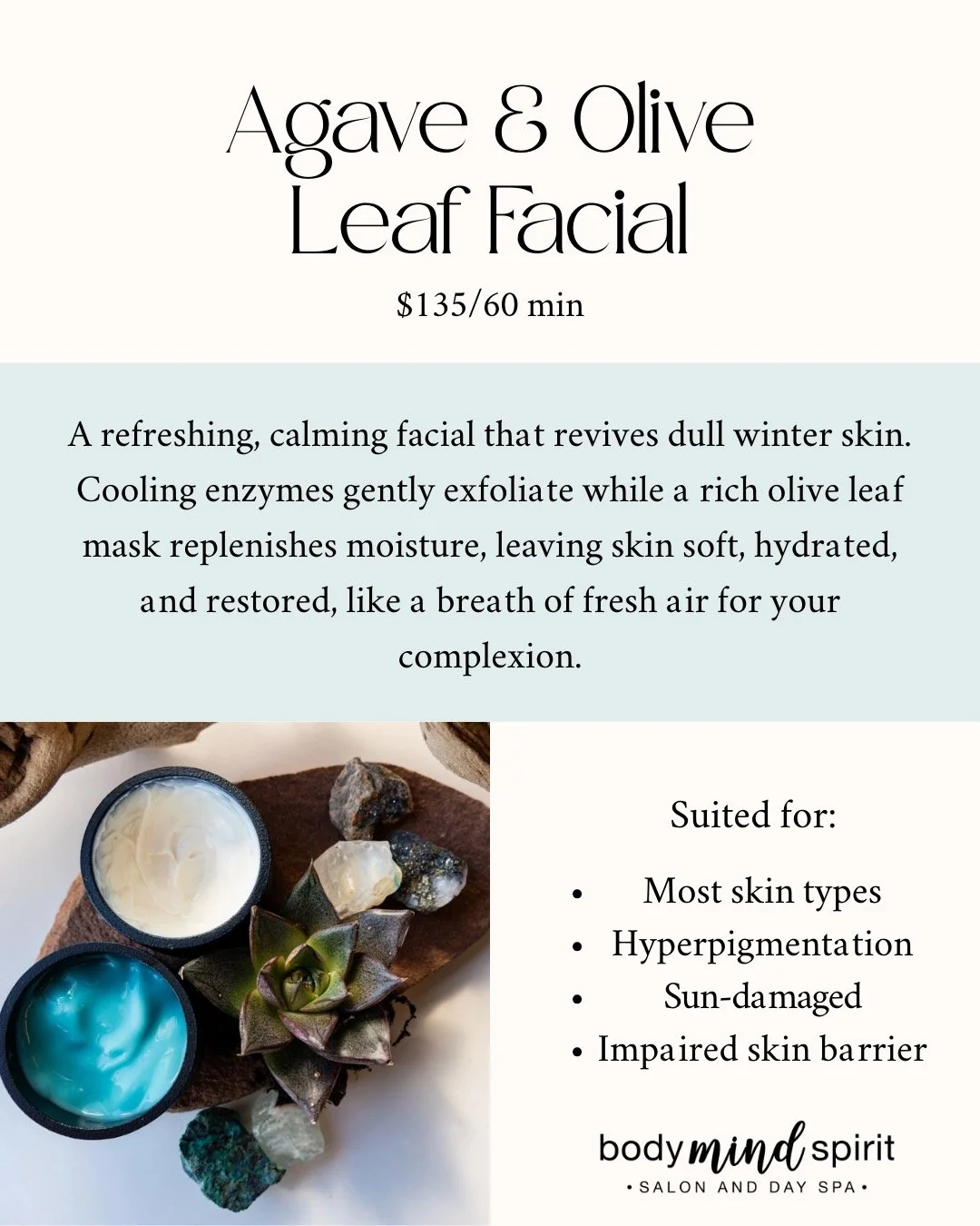 Two winter facials. One goal: healthy, hydrated skin ✨
🌿 Cool + calming: Agave &amp; Olive Leaf
🌸 Warm + nourishing: Cherry Blossom Honey
Designed to restore, hydrate, and reset winter-stressed skin 🤍
Now available for a limited time.
