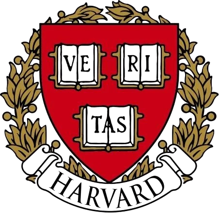 Harvard's coat of arms. A shield with a red background and four black squares with yellow outlines, surrounded by a laurel wreath.