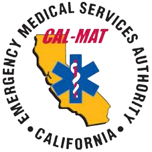 Logo of California Medical Assistance Team organization with a yellow map of California, blue medical star of life, and red 'CAL-MAT' text.
