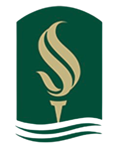 Logo for Cal State Sacramento featuring a stylized flame or torch on a green shield background.