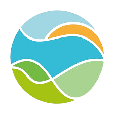 Psychedelic research training institute logo. Stylized circular logo depicting a landscape with a sun, blue sky, and green hills.