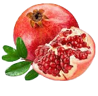 Close-up of a whole pomegranate and a cut-open pomegranate showing red seeds, with green leaves in the background.