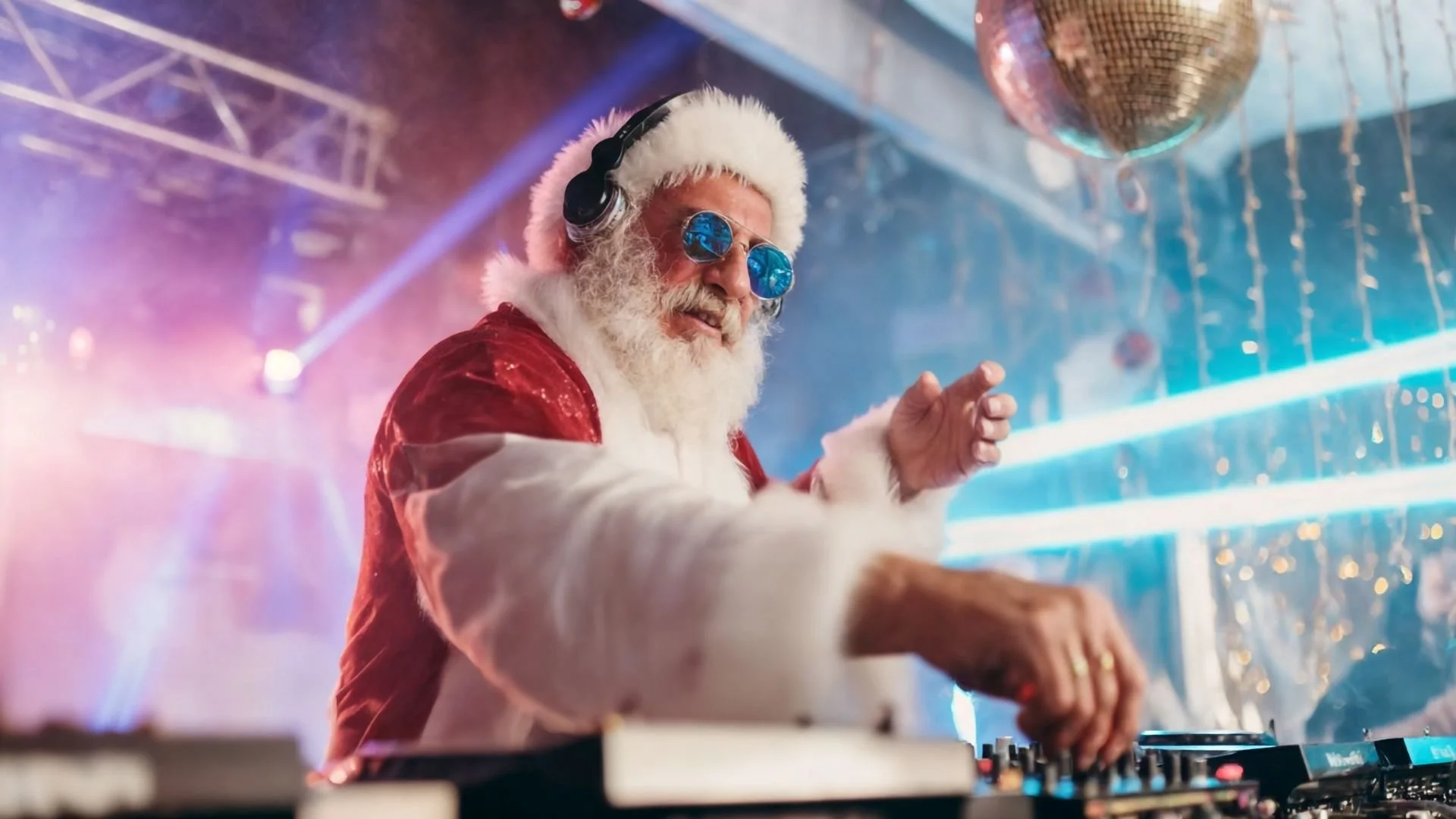Santa Clause DJ at a large party on a stage with bright lights. The life of the party!