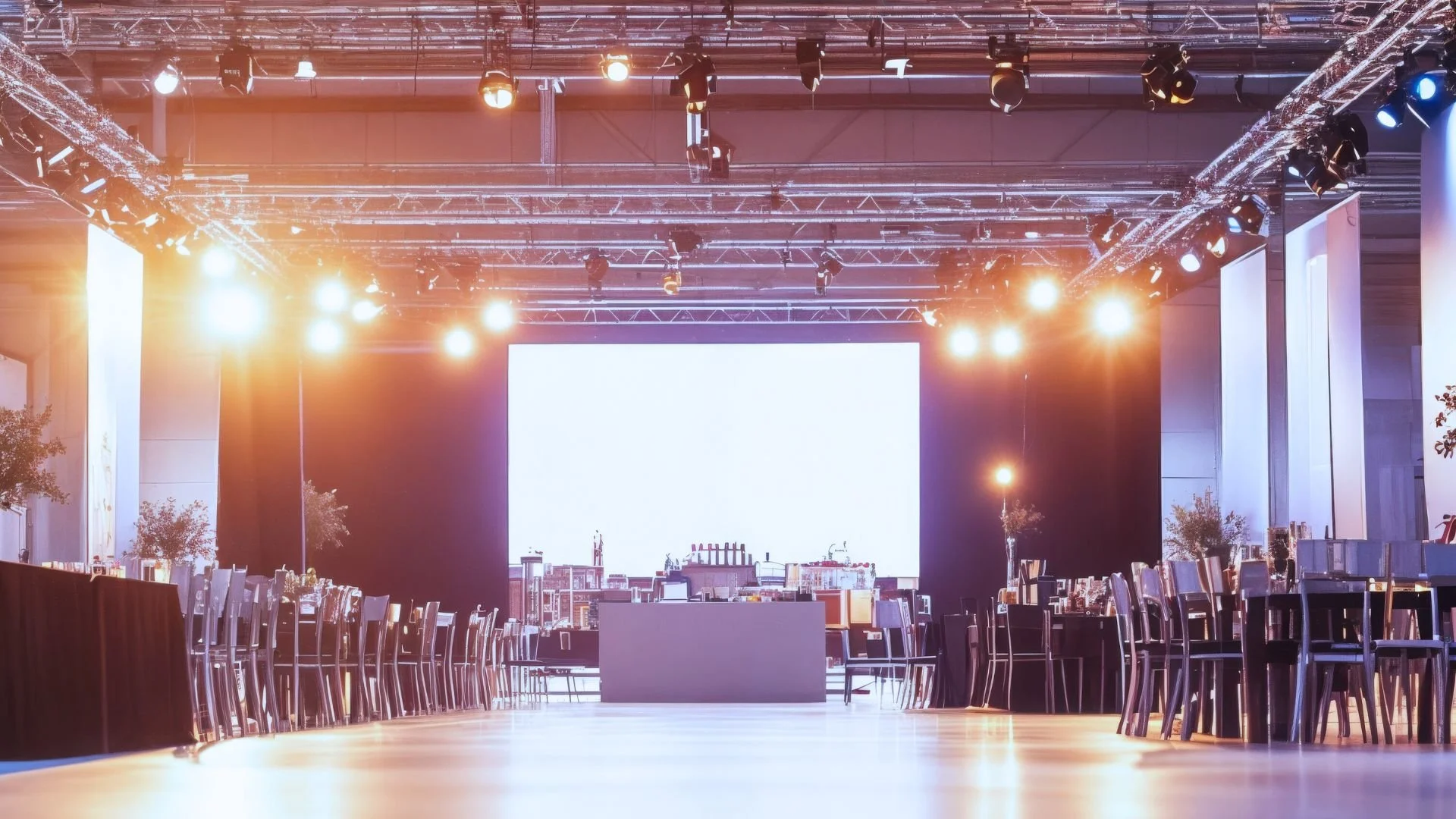 Lights hanging from a truss. Two hours before the event, the space is set and looking great, sleek, clean.  Lots of gray, golden lights, and the back wall opens up to a rooftop view of buildings.