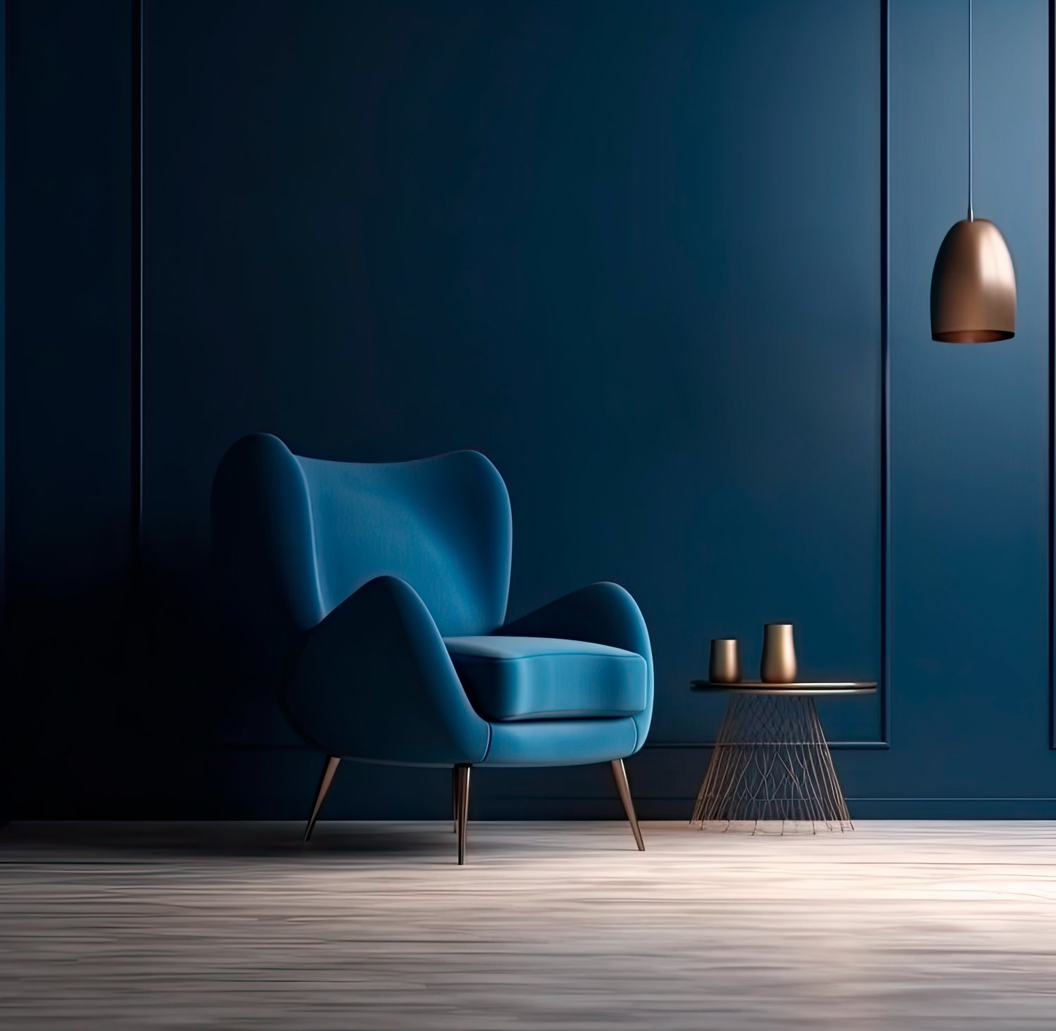 Sillón azul muy cómodo y mesa con dos macetas doradas en un consultorio con pared azul y lámpara colgante. Lugar ideal para sentarte cómodamente y recibir información educativa crucial para transformarte.