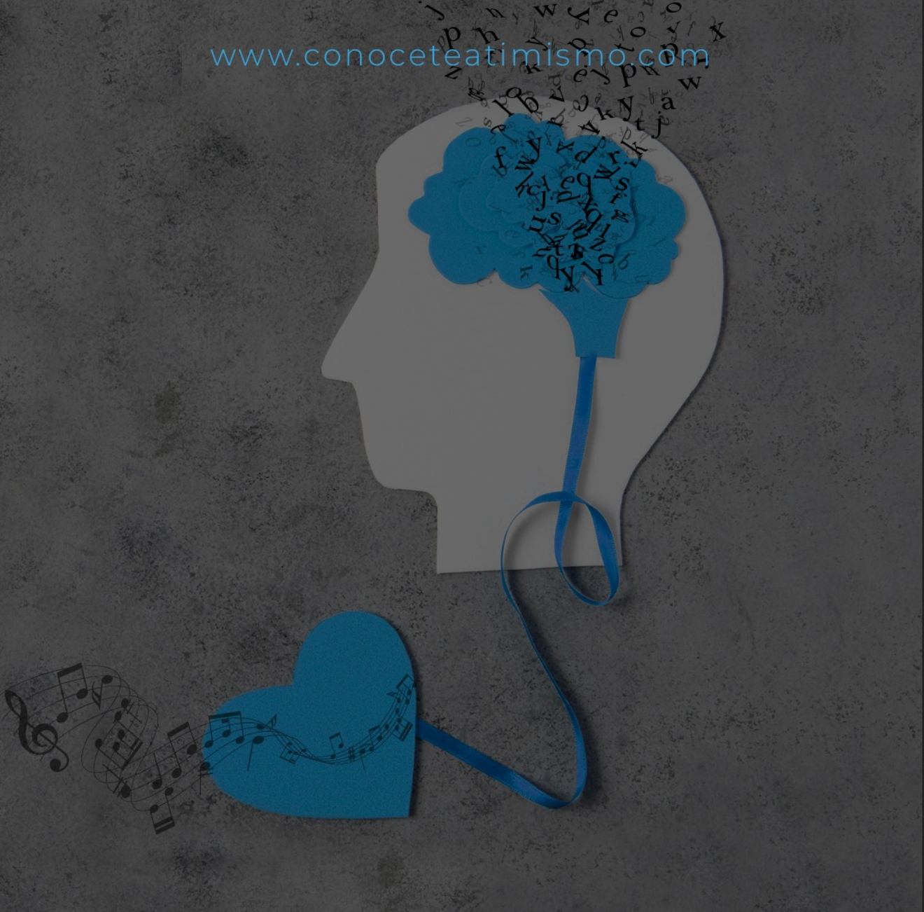 No es terapia. Es consulta educativa. Ilustración de perfil de una cabeza humana con un cerebro azul elaborando pensamientos lúcidos conectados a su corazón representado por notas musicales. Imagen incluye el URL www.conoceteatimismo.com.
