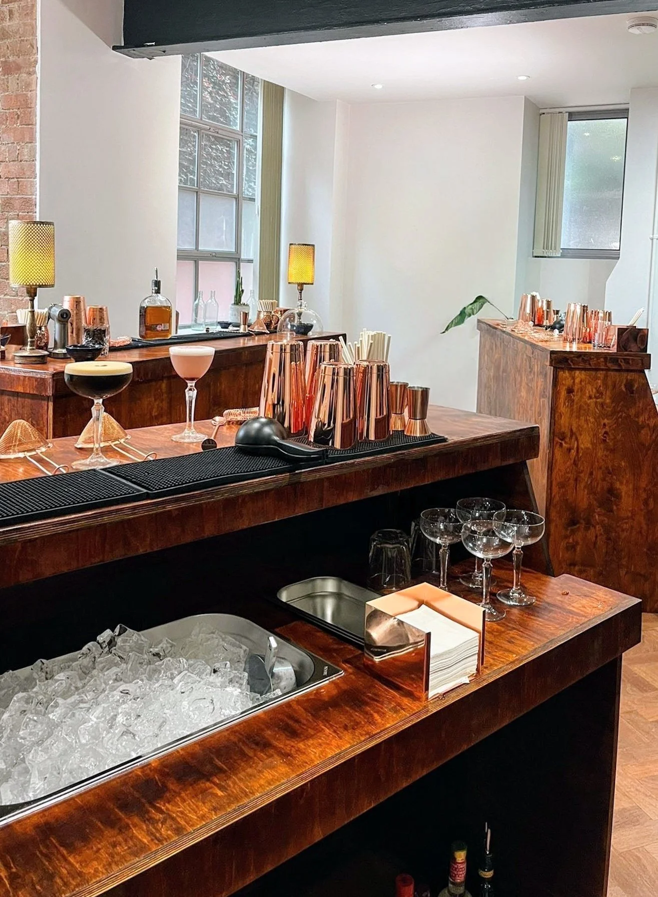 Hoochin mahogany mobile cocktail bars with copper equipment