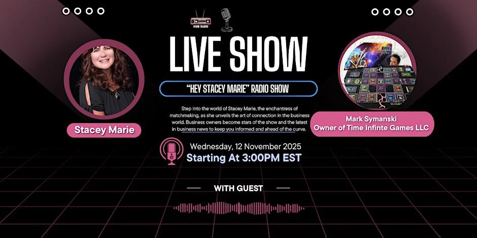 Digital graphic promoting a live radio show titled 'Hey Stacey Marie'. It features photos of Stacey Marie and Mark Symanski, the show's producer, with details about the show airing on Wednesday, November 12, 2025, starting at 3:00 PM EST. The background has a futuristic, grid-like design.