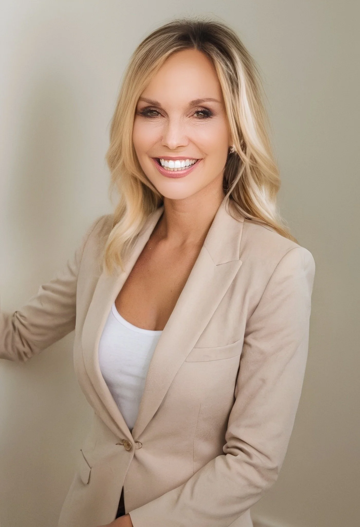 A smiling woman with blonde hair wearing a beige blazer and white top, standing against a plain light-colored wall.