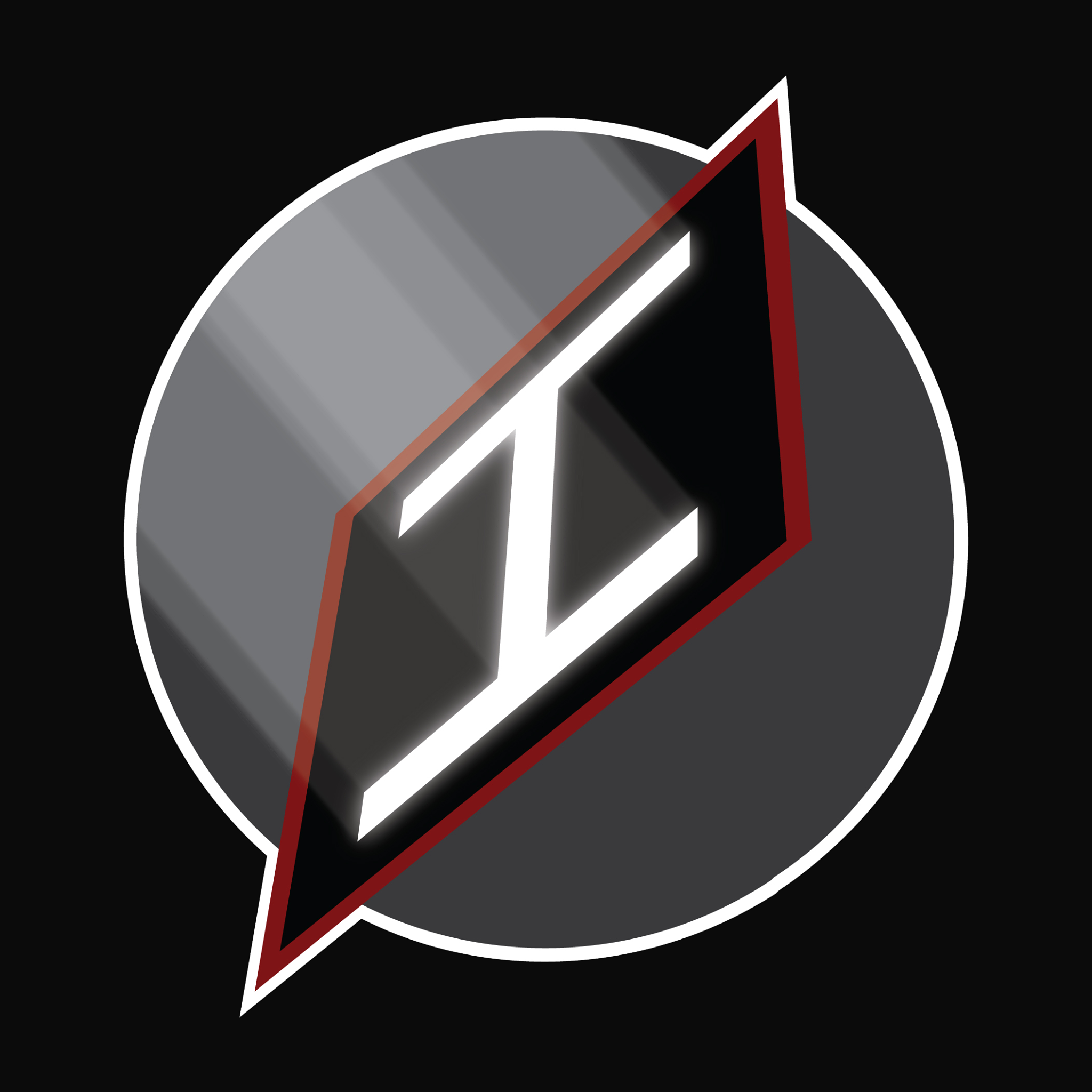 A graphic design featuring a white lightning bolt and a letter 'V' inside a circular gray background with a black outer background.