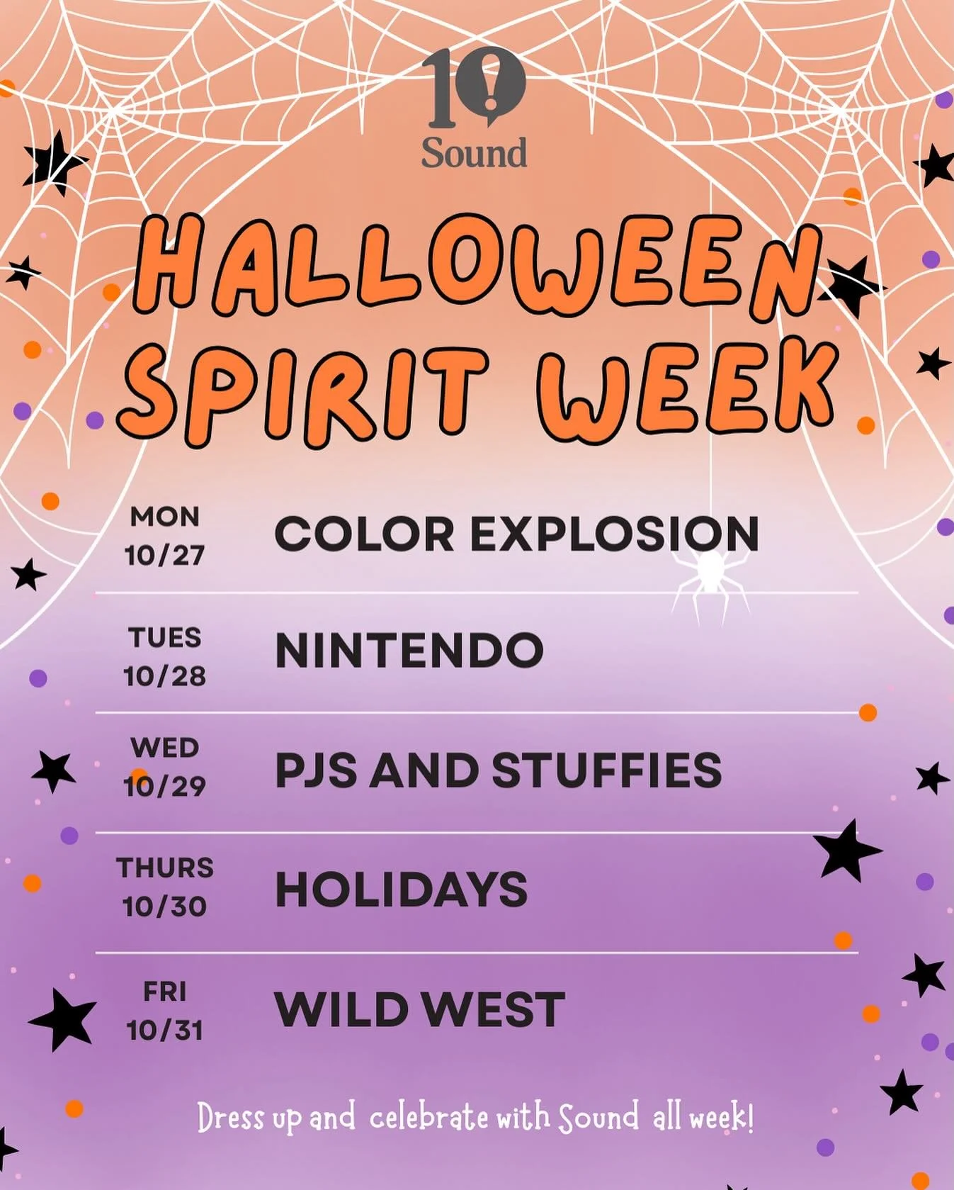 🎃 It’s our favorite week of the year! We’ll celebrate spooky season the whole week of Halloween with themed costume days (we encourage everyone to dress up!), trick-or-treating, crafts, and lots of fun!
#soundshc