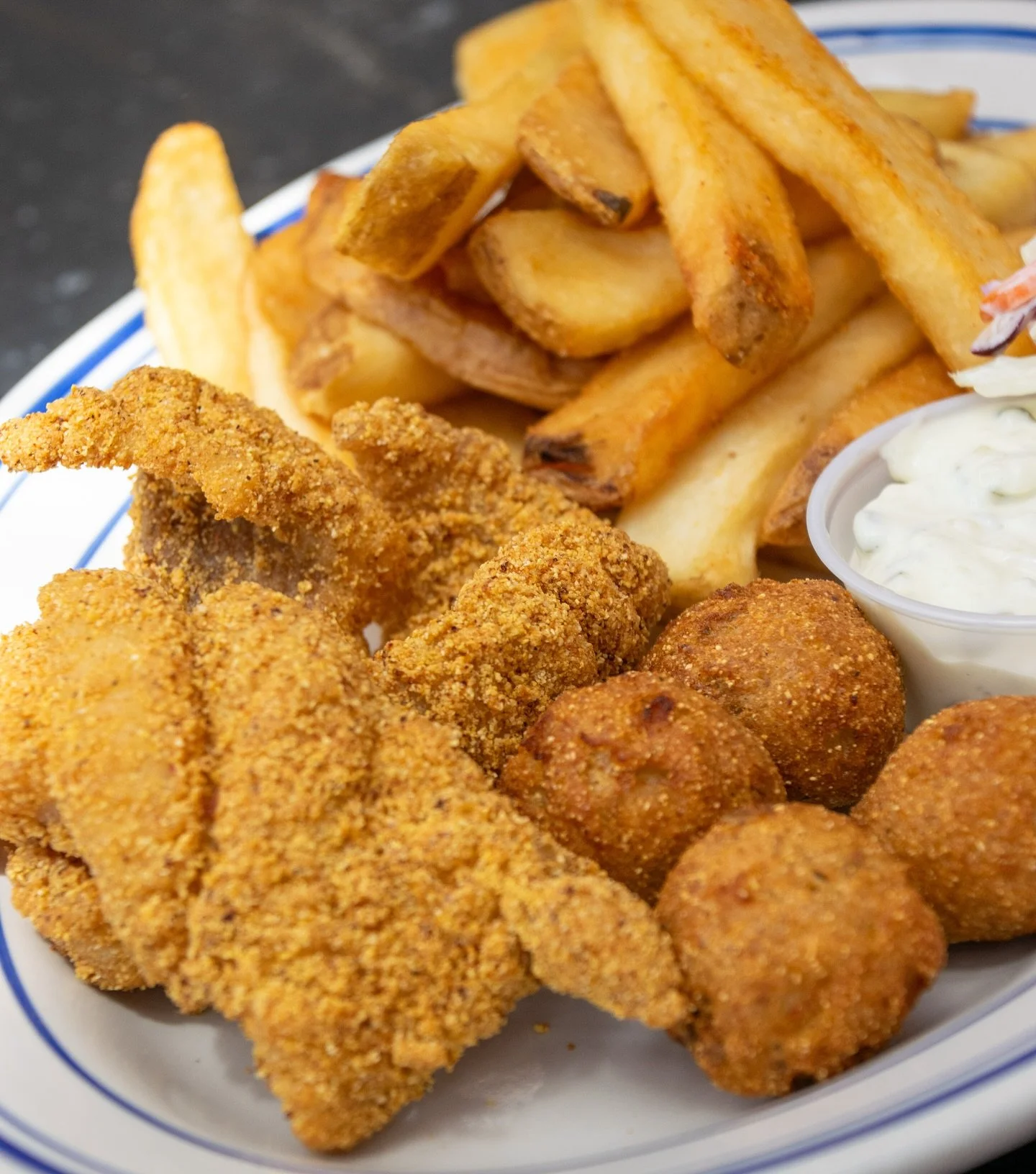 Friday Special: Fried Catfish with steak fries, coleslaw, and hush puppies- only $10.99! 
.
.
.
.
#dallasfoodie #dallaseats #dallasbar #dallaslocal