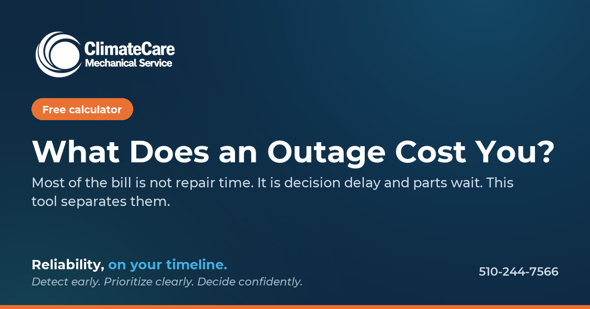 Advertisement for ClimateCare Mechanical Service offering a free outage cost calculator, emphasizing the importance of decision delay and parts wait in repair bills, advising to detect early, prioritize clearly, and decide confidently, with a contact