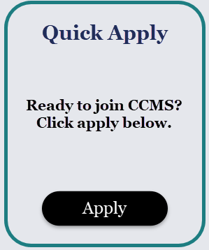 A digital sign with a white background, displaying the text 'Quick Apply' at the top, followed by 'Ready to join CCMS? Click apply below.', and a black 'Apply' button at the bottom.