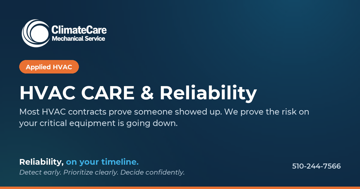 A promotional slide for ClimateCare Mechanical Service, specializing in HVAC maintenance and reliability, with contact number 510-244-7566.
