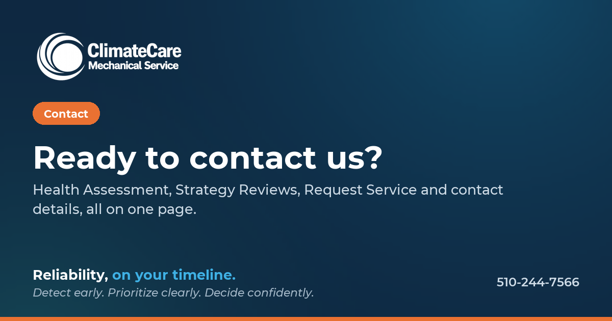 A digital advertisement for ClimateCare Mechanical Service, featuring a dark blue background with white and orange text. The ad includes a company logo, a contact button, and a headline that says "Ready to contact us?" along with details about servic