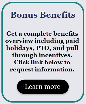 Bonus Benefits sign with information about paid holidays, PTO, incentives, and a 'Learn more' button.