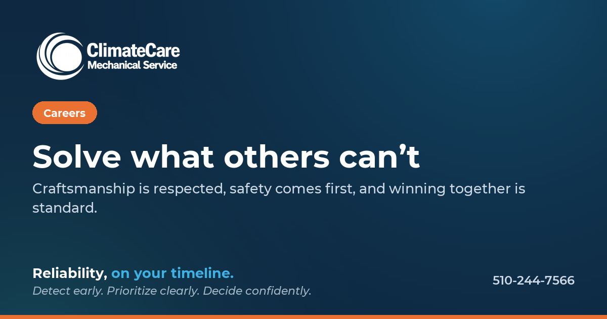 Advertisement for ClimateCare Mechanical Service promoting careers with the slogan 'Solve what others can't,' emphasizing craftsmanship, safety, and teamwork, with contact information.