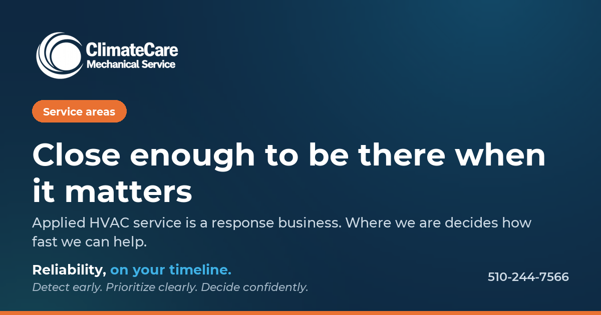 Advertisement for ClimateCare Mechanical Service, emphasizing close proximity for HVAC service, with a tagline 'Close enough to be there when it matters,' including contact number 510-244-7566.