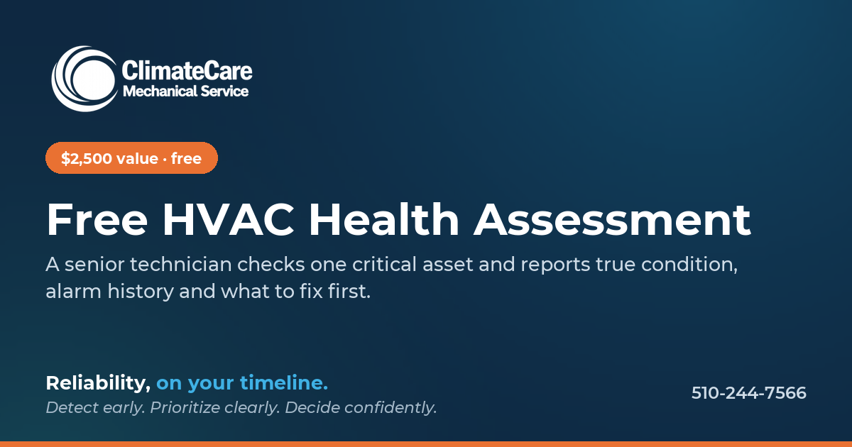 Advertisement for ClimateCare Mechanical Service offering a free HVAC health assessment with a value of $2,500, including contact number 510-244-7566.