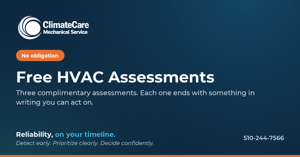 An advertisement for ClimateCare Mechanical Service offering free HVAC assessments with reliability emphasis and contact phone number 510-244-7566.