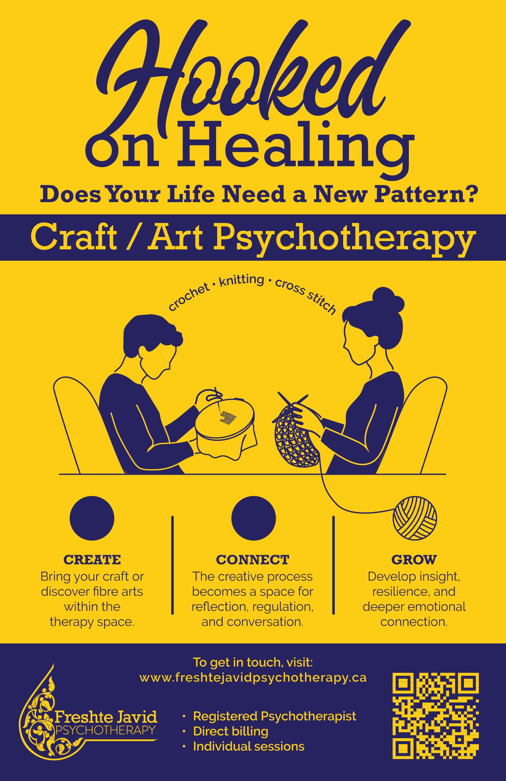 Hooked on healing - does your life need a new pattern? Craft/art therapy - Two figures sitting in front of each other. One is stitching on a hoop and other one is knitting. It reads "crochet, knitting, cross stitch" between them.