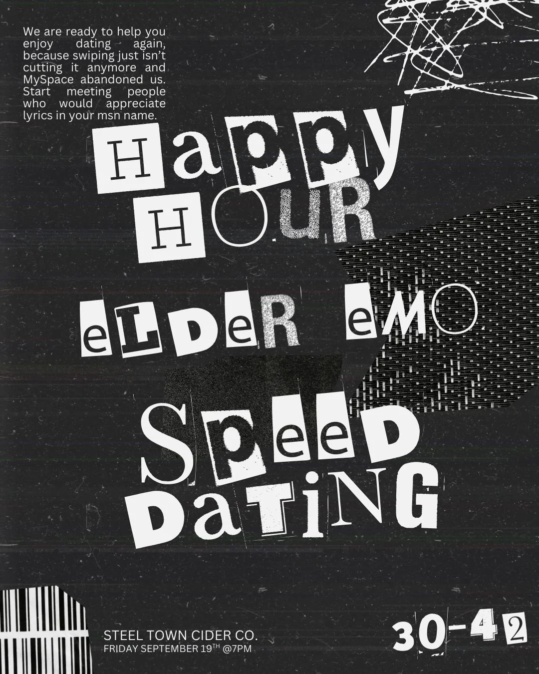 Elder emo Speed Dating ages 30-42 @Steel Town cider (Hamilton)