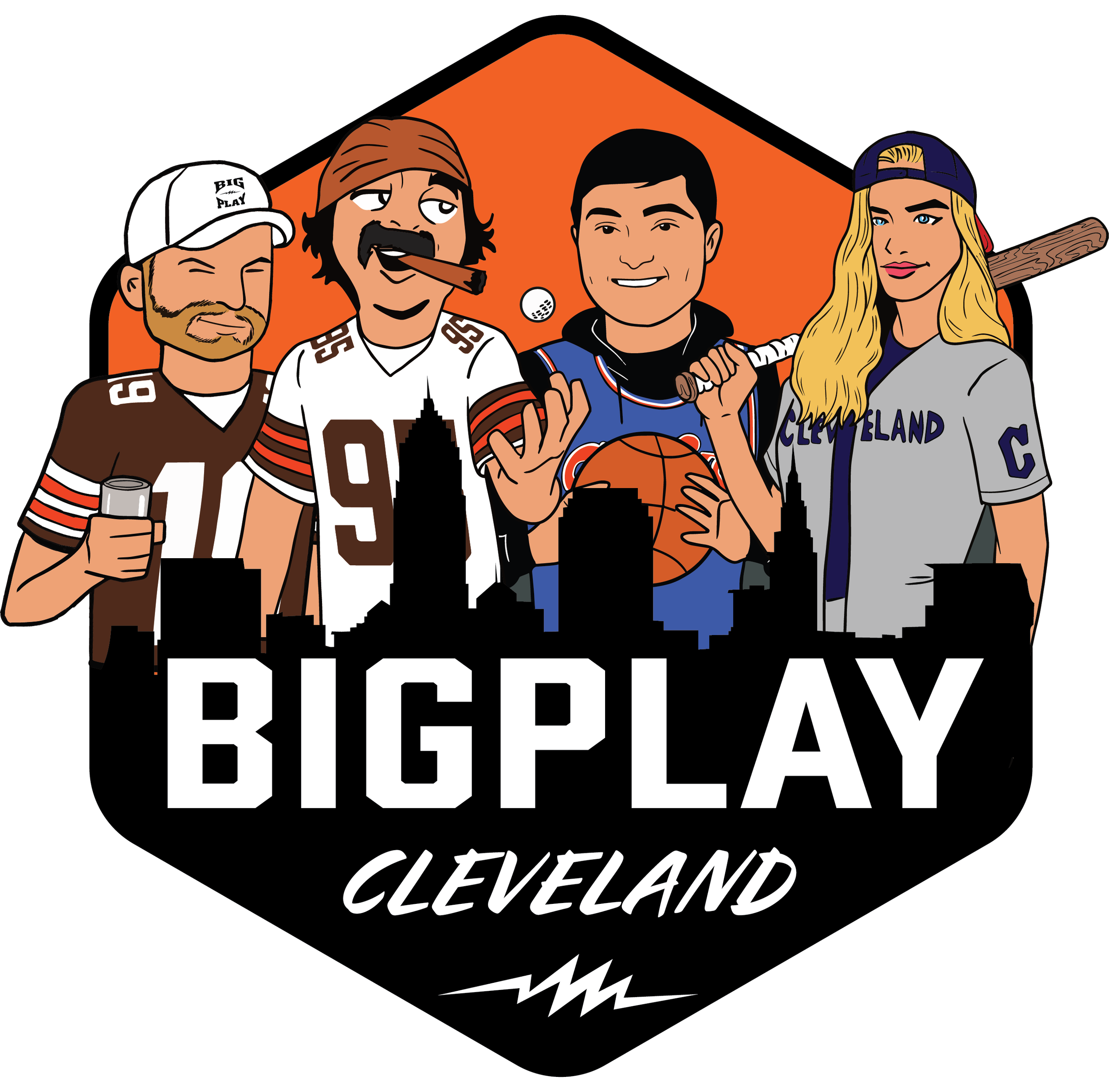 Illustration of four cartoon characters representing Cleveland sports, wearing themed attire and holding sports items, with a city skyline backdrop and text "BIGPLAY Cleveland."