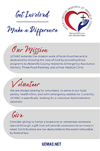 UCMAC logo with a heart and cross, and text about their mission, volunteer, and give initiatives.