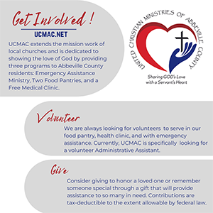 Informational flyer with sections titled 'Get Involved!', 'Volunteer', and 'Give'. The flyer includes the logo of the Christian Ministry of Abilene with a cross and anchor, and mentions UCMAC.net, which provides emergency assistance and free medical clinic services.