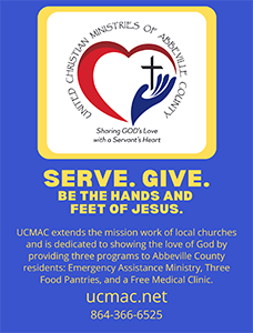 Logo of United Christian Ministries of Abbeville County with a heart and cross, and the text 'Sharing GOD'S Love with a Servant's Heart'. Bold yellow and blue text encouraging to serve and give, with a website and phone number.