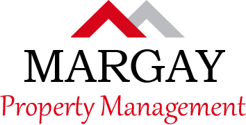 Logo for Marcay Property Management, featuring two mountain peaks, one red and one gray, above the company name in black and red text.