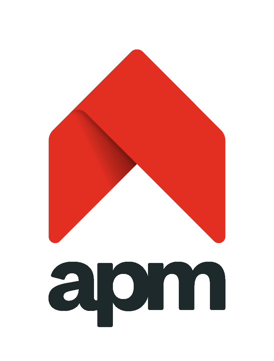 APM logo featuring a red geometric arrow shape and lowercase black letters 'apm'.