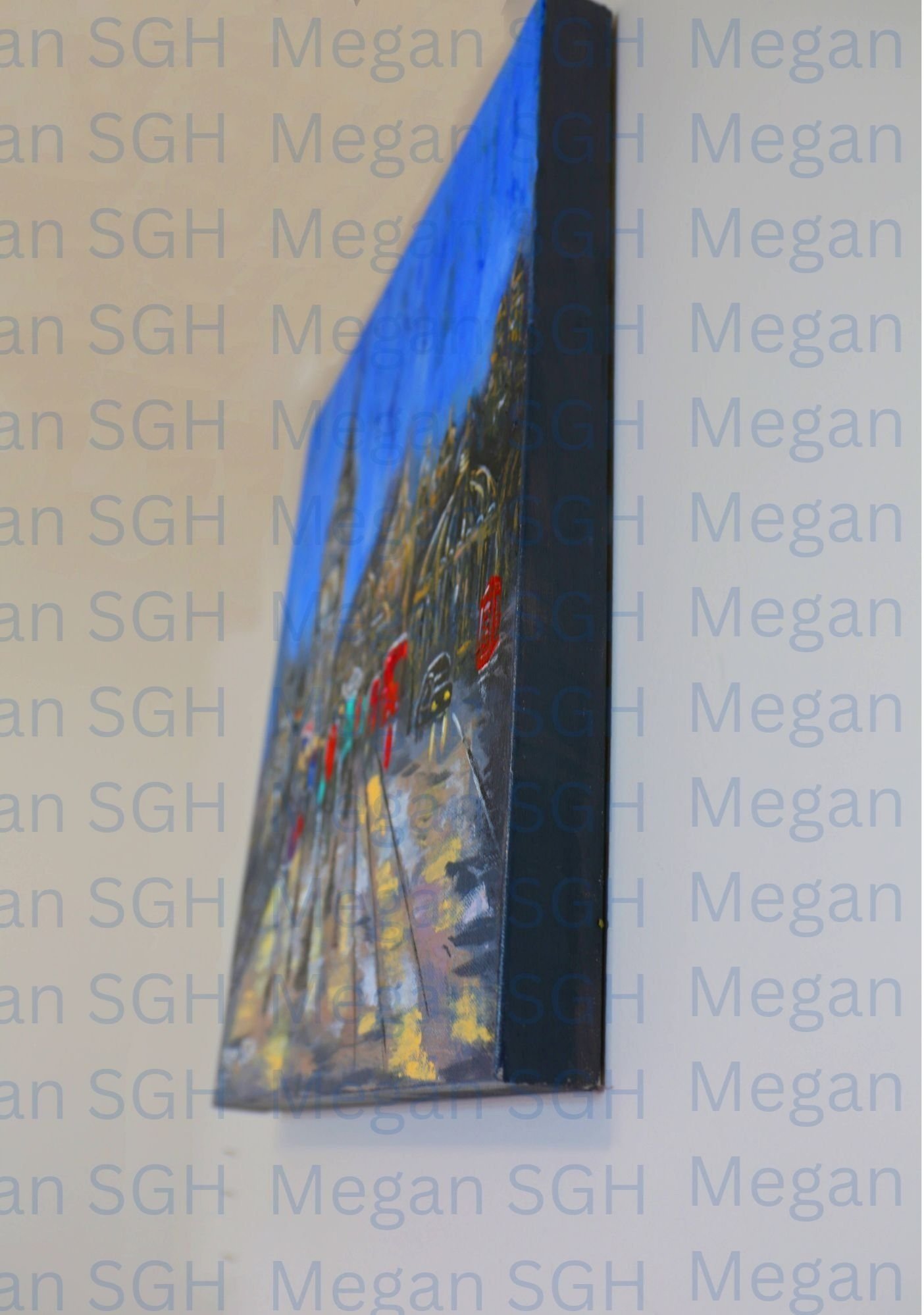 Close-up view of London’s Misty Charm, an original acrylic painting by Megan SGH, featuring muted tones and a rainy Westminster Abbey scene (Copy)