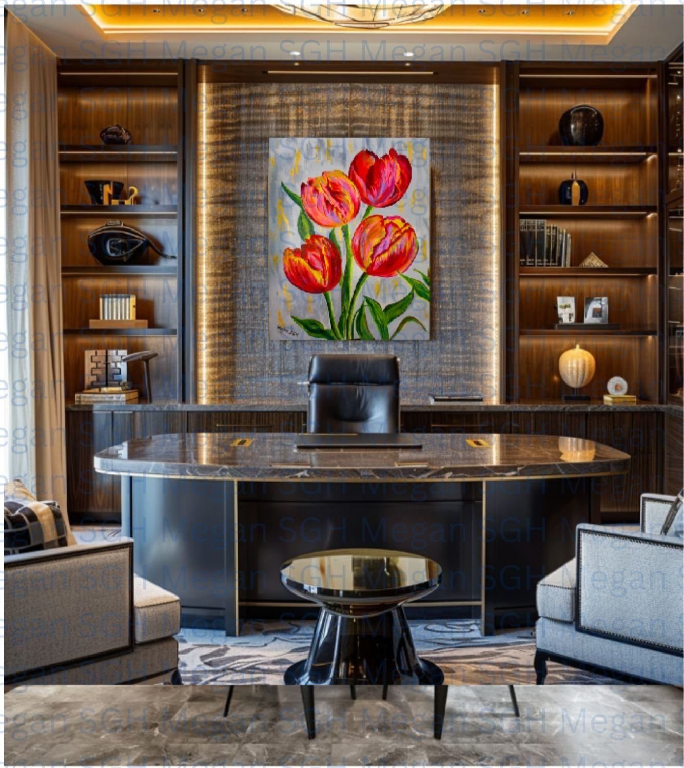 Tulip Serenade acrylic painting in a professional office, adding vibrant color and a natural touch, with the art trap subtly framing the piece. (Copy)