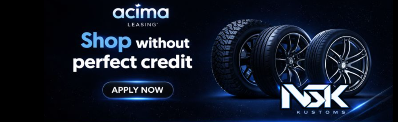 A promotional digital graphic featuring Acima Leasing with an advertisement to shop without perfect credit, including a call-to-action button labeled 'APPLY NOW', and four different car tires or wheels on the right side.