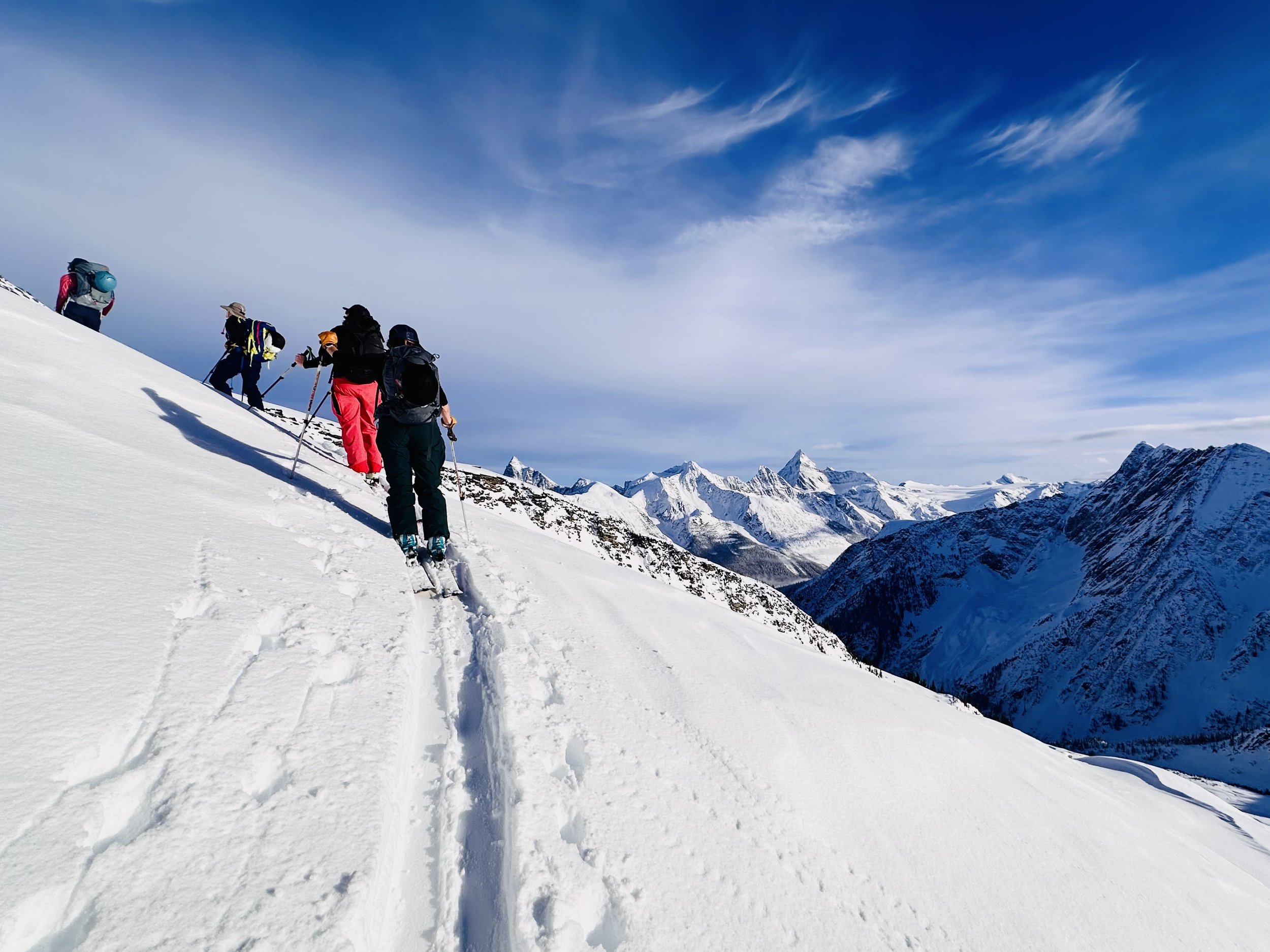 Group of four women skinning up a snow field in Glacier National Park, Canada