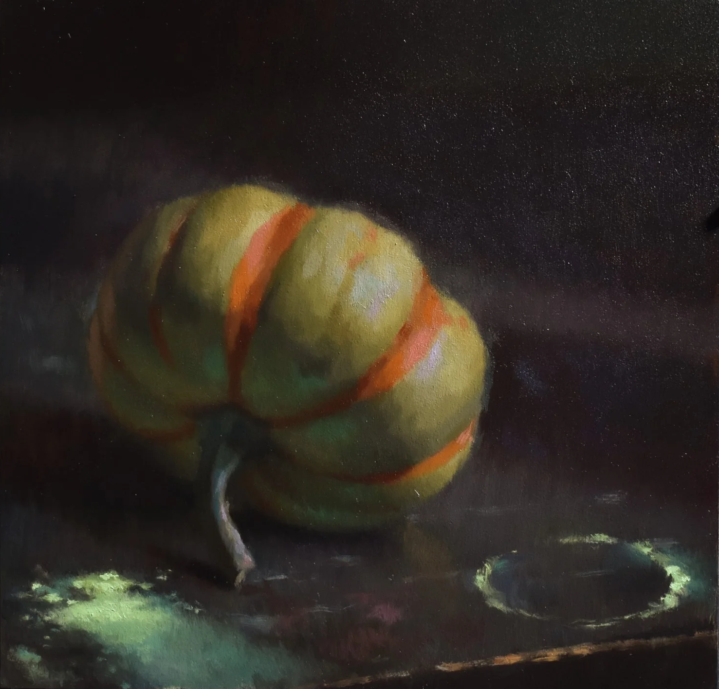Pumpkin with Glow-in-the-Dark Pigment
6 x 6 Inches
Oil on Panel