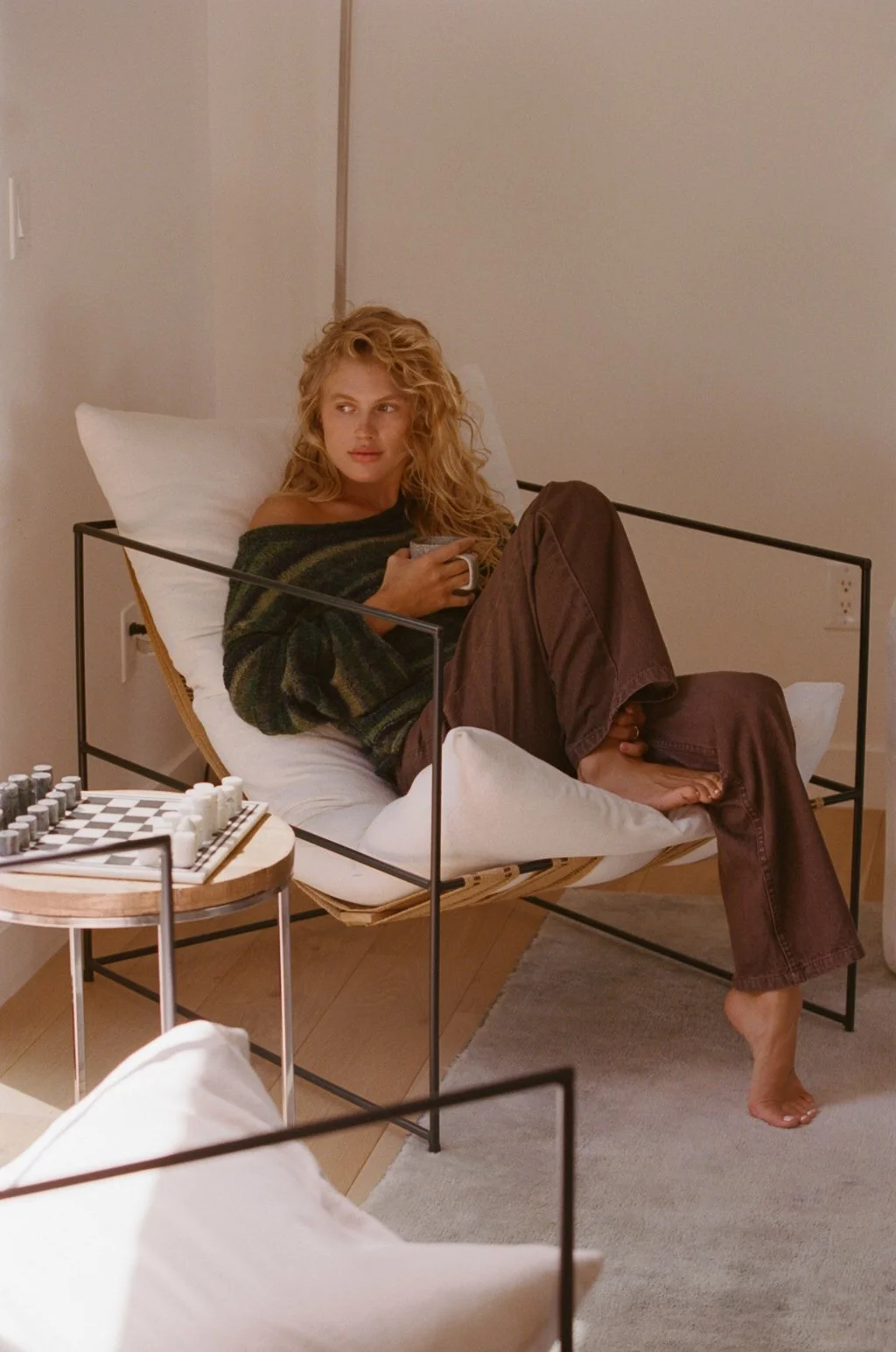 Girl in a green rhythm woven sweater