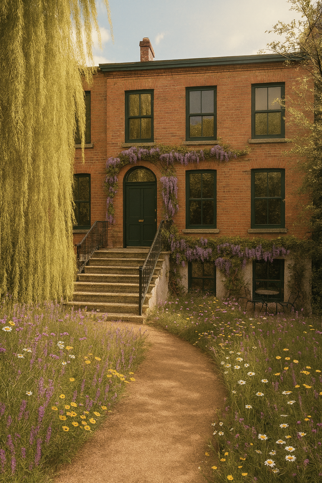 A brick house with black window frames, a dark green front door, and purple flowering vines climbing around the archway and windows. A staircase leads to the door, with a garden of yellow, white, and purple flowers along a dirt path.