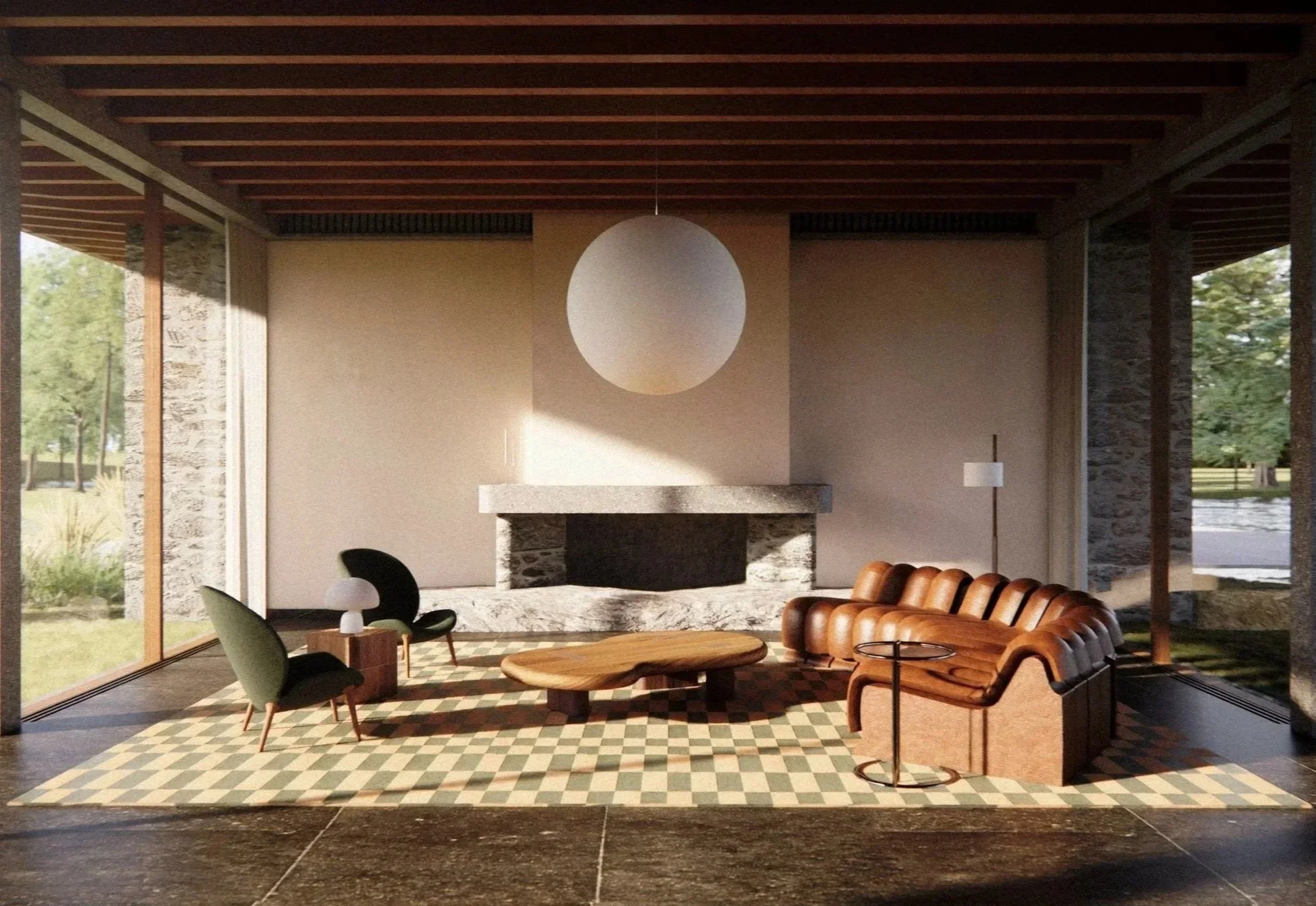 A modern living room with large floor-to-ceiling windows, a stone fireplace, a leather sofa, two green armchairs, a wooden coffee table, a round side table, a standing lamp, a patterned rug, and a wooden ceiling with exposed beams, overlooking a gras