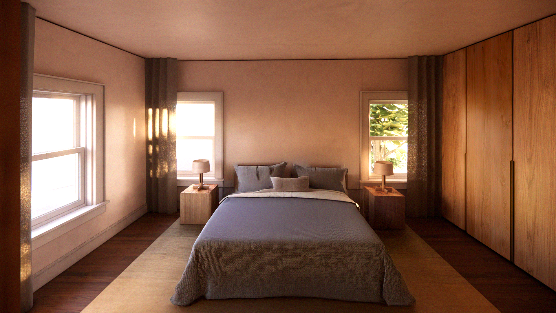 A bedroom with a bed, two nightstands with lamps, three pillows, and three windows letting in sunlight, with beige walls, wooden flooring, and a large wooden closet.