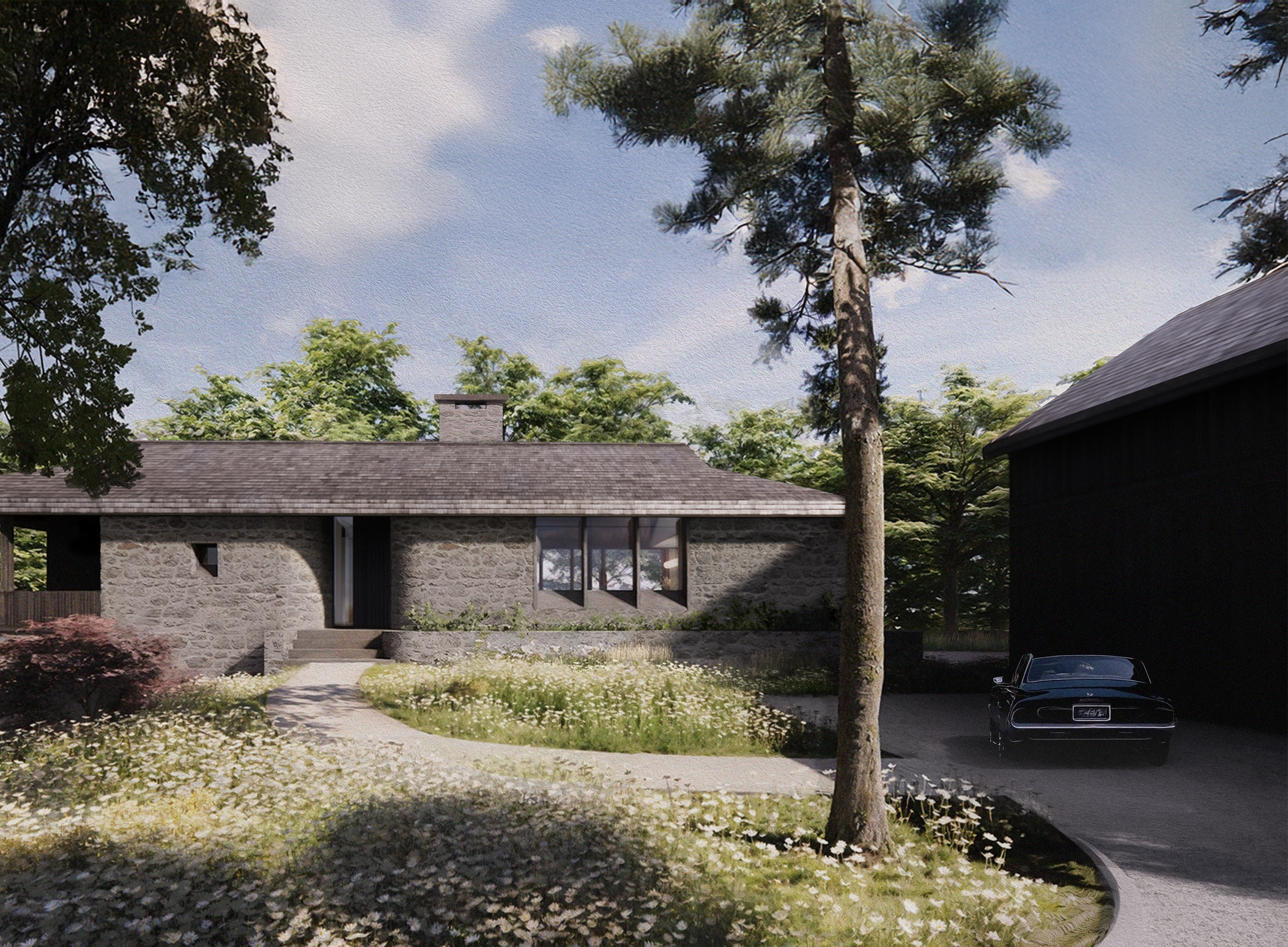 Modern house with stone exterior, large windows, and a driveway with a parked car, surrounded by trees and a flower bed.