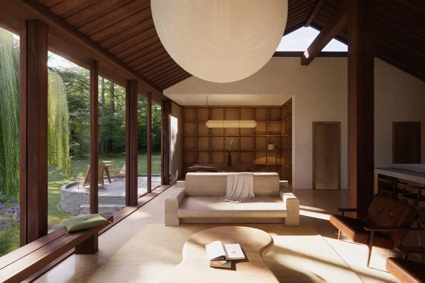 Living room with large windows overlooking a garden, beige sofa with a blanket, wooden ceiling, round coffee table with books, and a wooden chair.