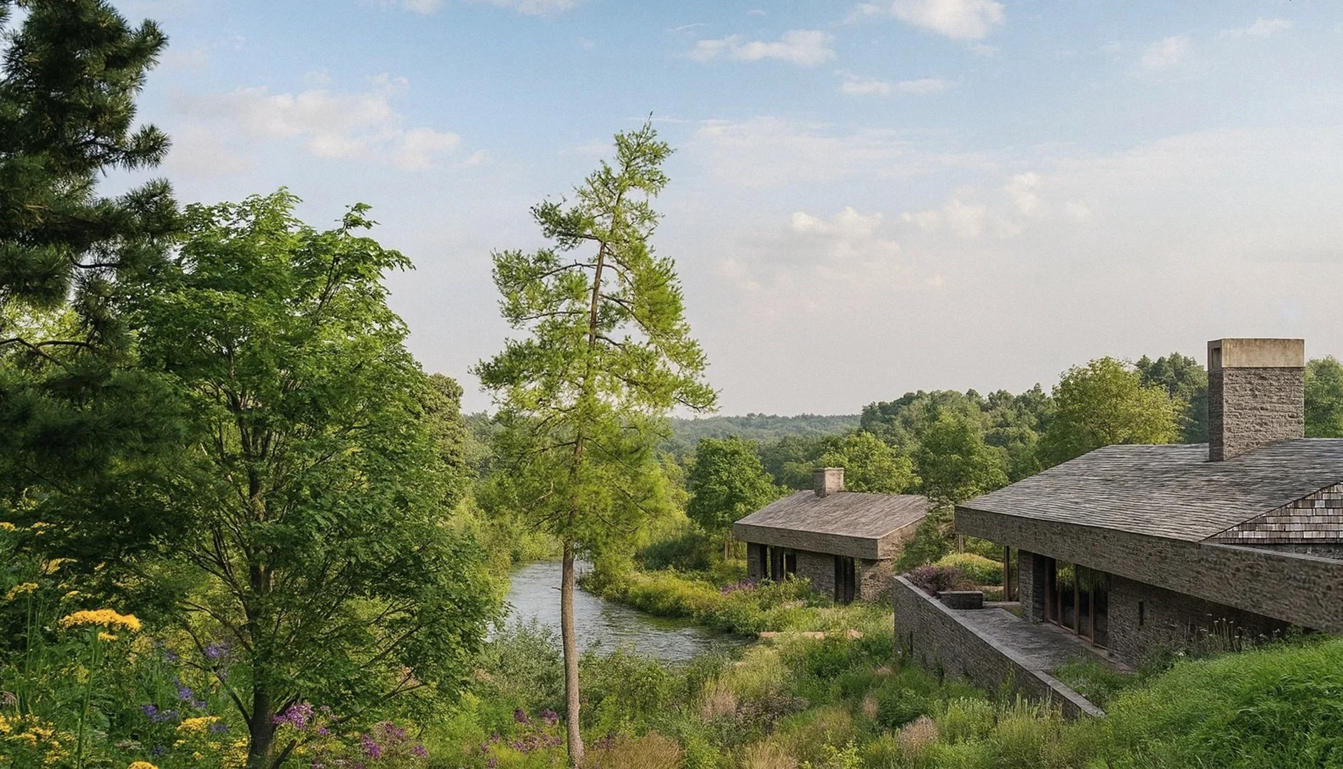 A peaceful rural scene with two houses made of stone and wood, a river, lush green trees, and a partly cloudy sky.